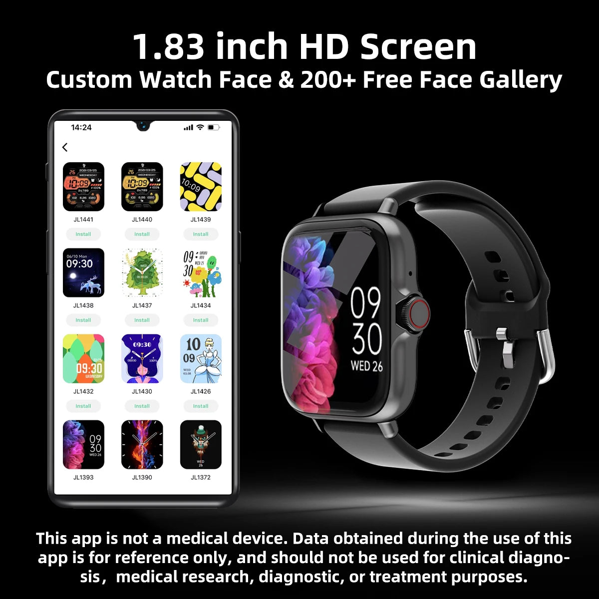 1.83'' Waterproof Smartwatch, Call/Message Alerts, Sleep Tracking, Pedometer, for iPhone & Android