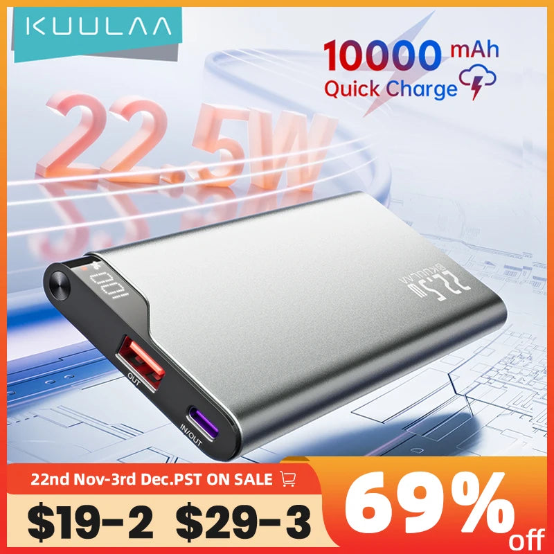 KUULAA 22.5W 10,000mAh Fast Charging Power Bank for iPhone & Xiaomi